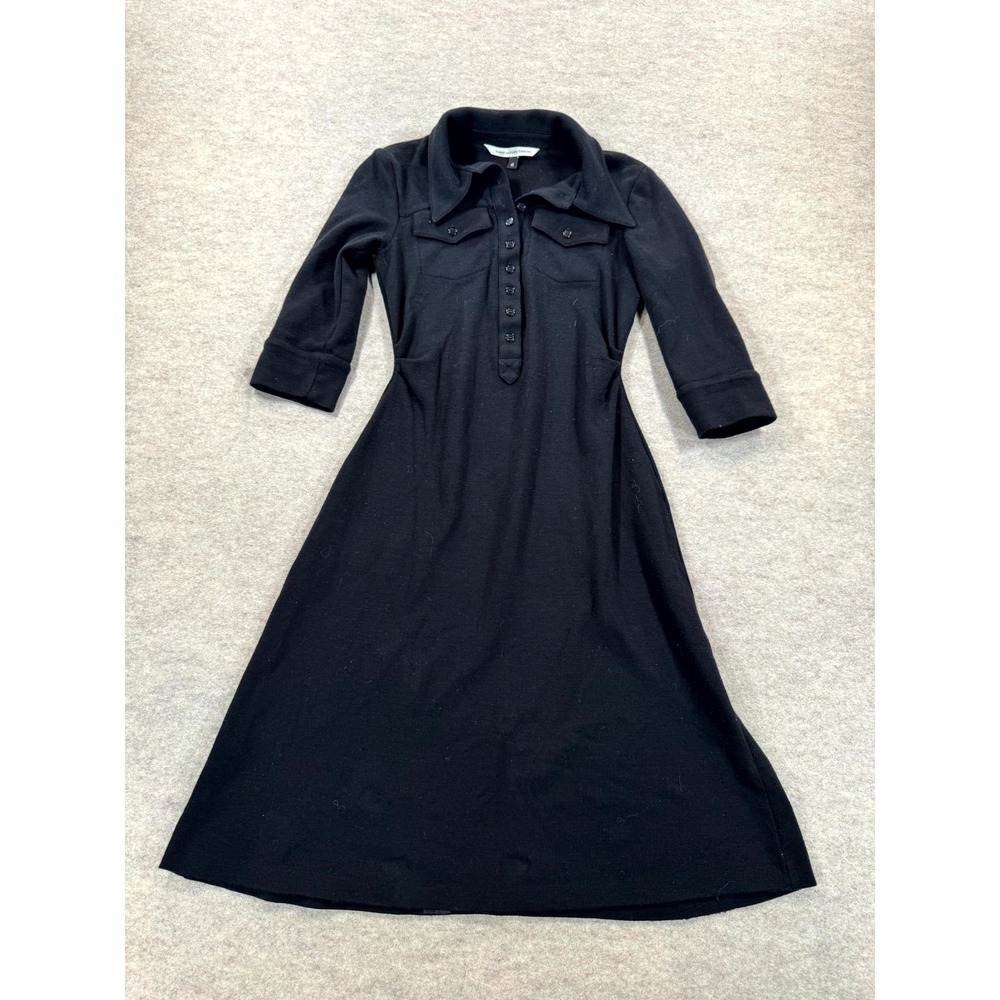 Diane von Furstenberg Shirt Dress Womens 6 Black Wool Collared Button Front